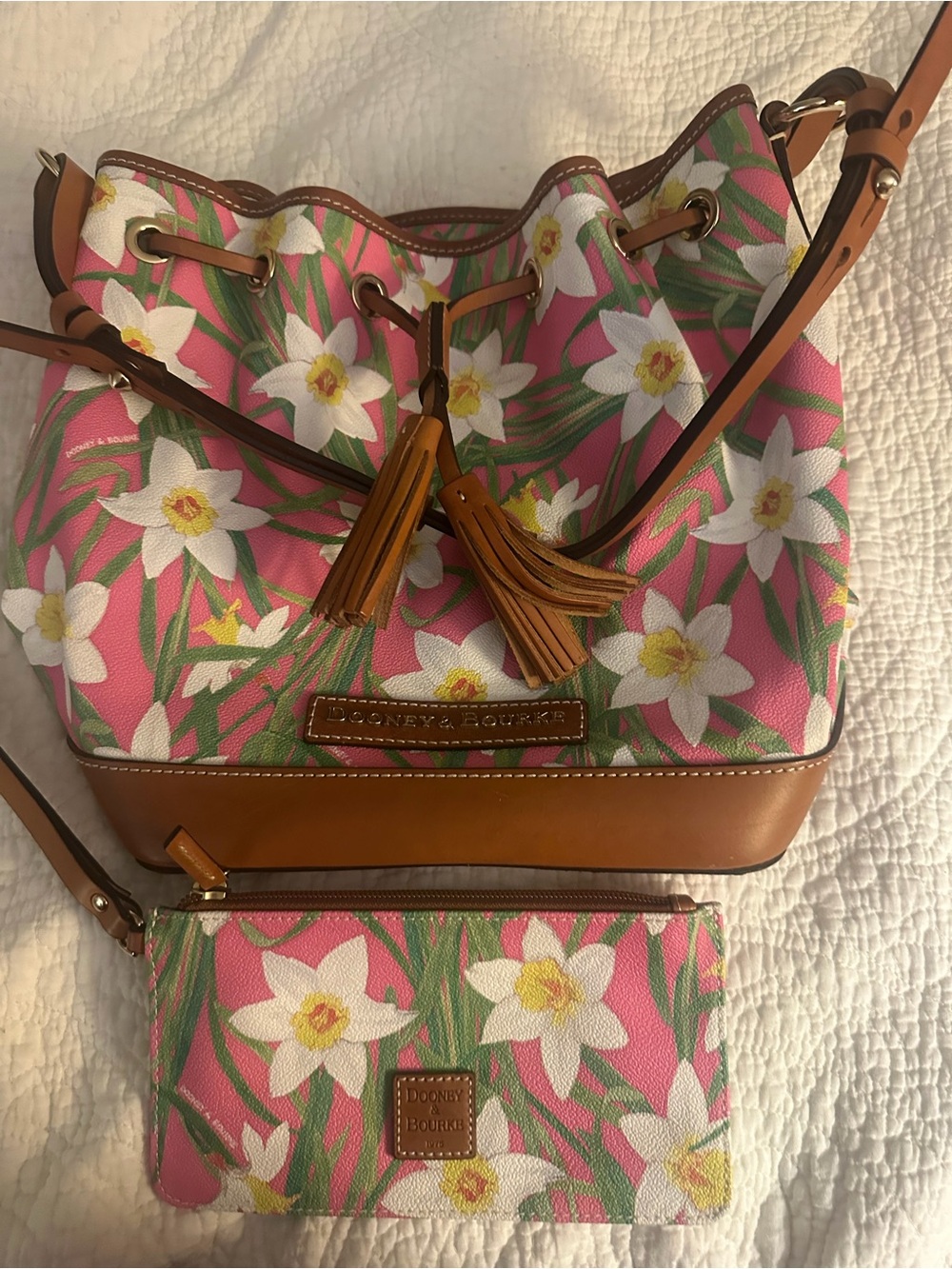 Dooney & Bourke Pink Floral Drawstring Bucket Bag with Wristlet